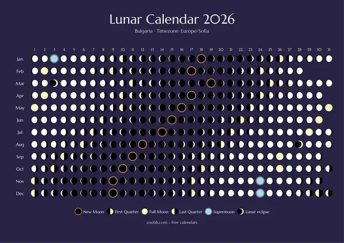 Calendario lunar 2026 de Bulgaria - Versión oscura