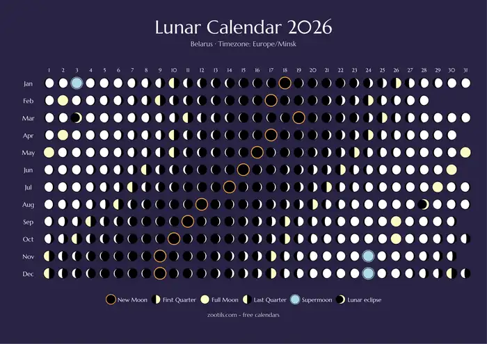 Calendario lunar 2026 de Bielorrusia - Versión oscura