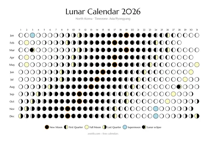 Calendario lunar 2026 de Corea del Norte - modo claro