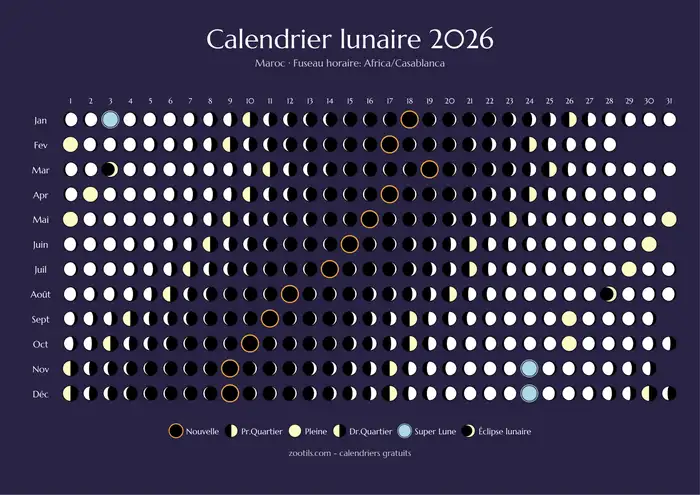 Calendario lunar 2026 de Marruecos - Versión oscura