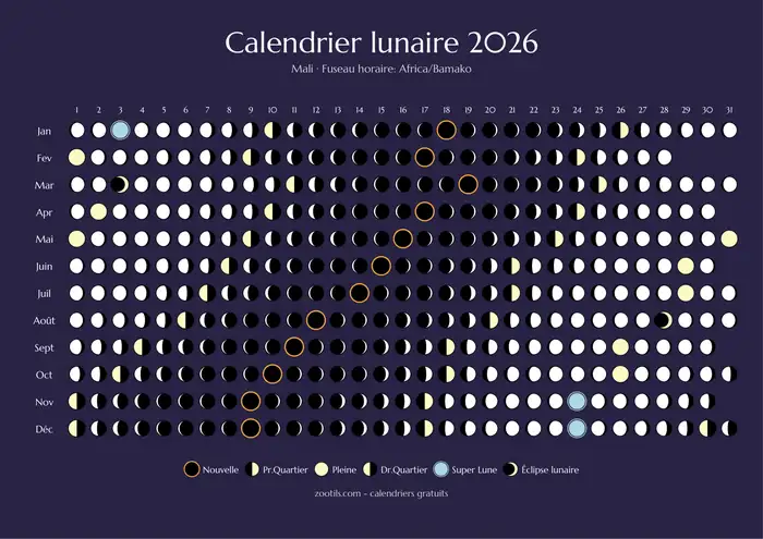 Calendario lunar 2026 de Malí - Versión oscura