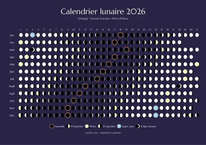 Calendario lunar 2026 de Senegal - Versión oscura