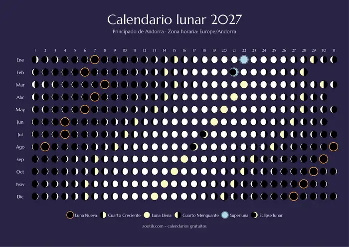 Calendário lunar 2027 de Andorra - Versão escura