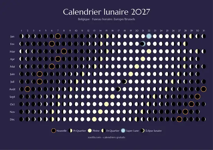 Calendario lunar 2027 de Bélgica - Versión oscura