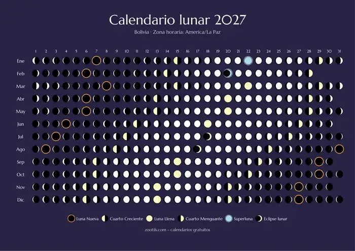 Calendario lunar 2027 de Bolivia - Versión oscura
