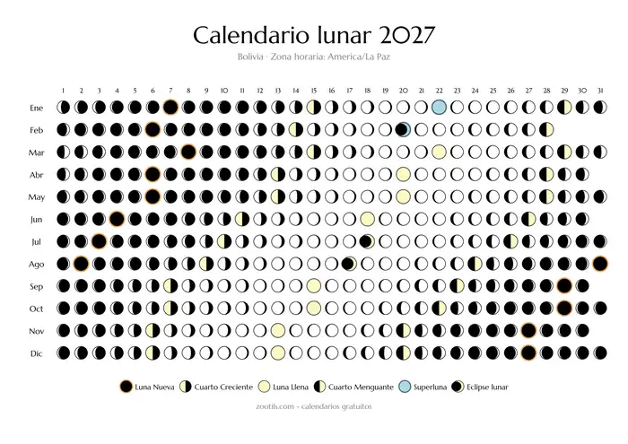 Calendario lunar 2027 de Bolivia - modo claro