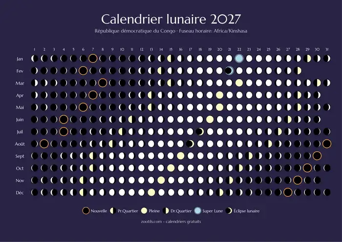Calendario lunar 2027 de República Democrática del Congo - Versión oscura