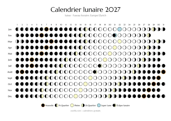 Calendario lunar 2027 de Suiza - modo claro