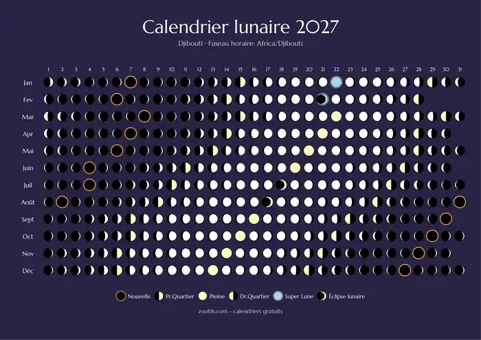 Calendario lunar 2027 de República de Yibuti - Versión oscura
