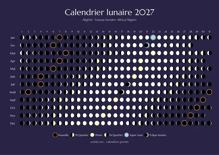 Calendario lunar 2027 de Argelia - Versión oscura