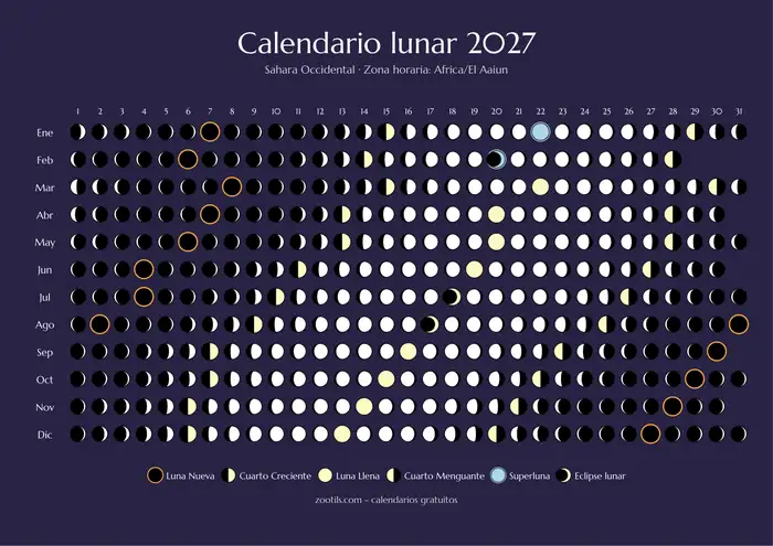 Calendário lunar 2027 de Sahara Ocidental - Versão escura