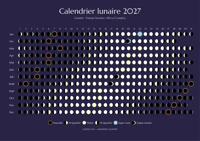 Calendario lunar 2027 de Guinea - Versión oscura
