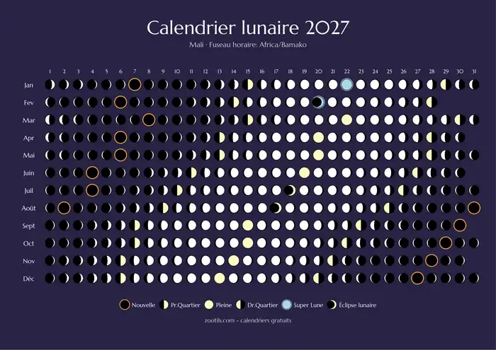 Calendario lunar 2027 de Malí - Versión oscura