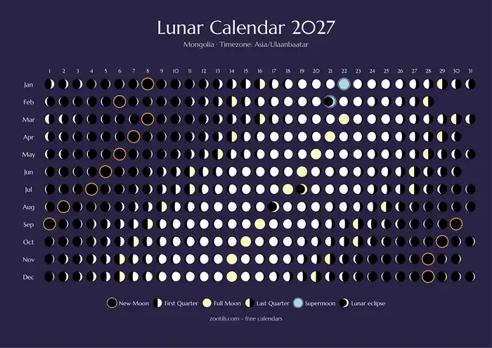 Calendario lunar 2027 de Mongolia - Versión oscura