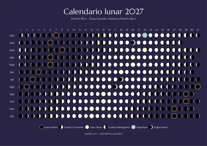 Lunar calendar 2027 from Puerto Rico - Dark version