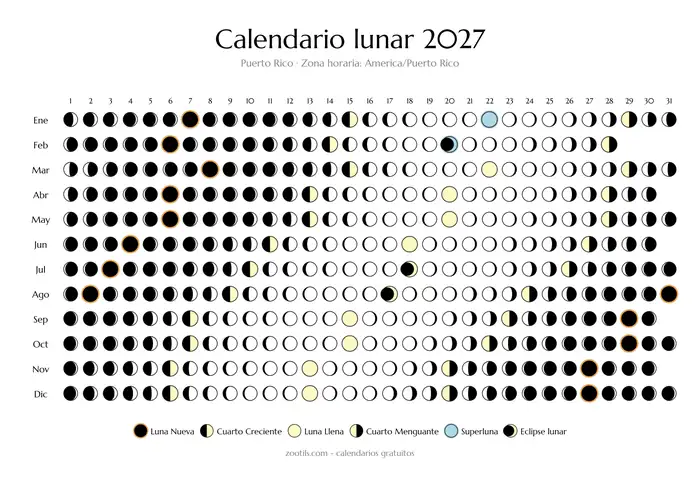 Lunar calendar 2027 from Puerto Rico - Light version