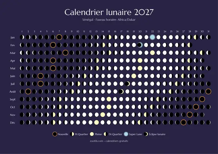 Calendário lunar 2027 de Senegal - Versão escura