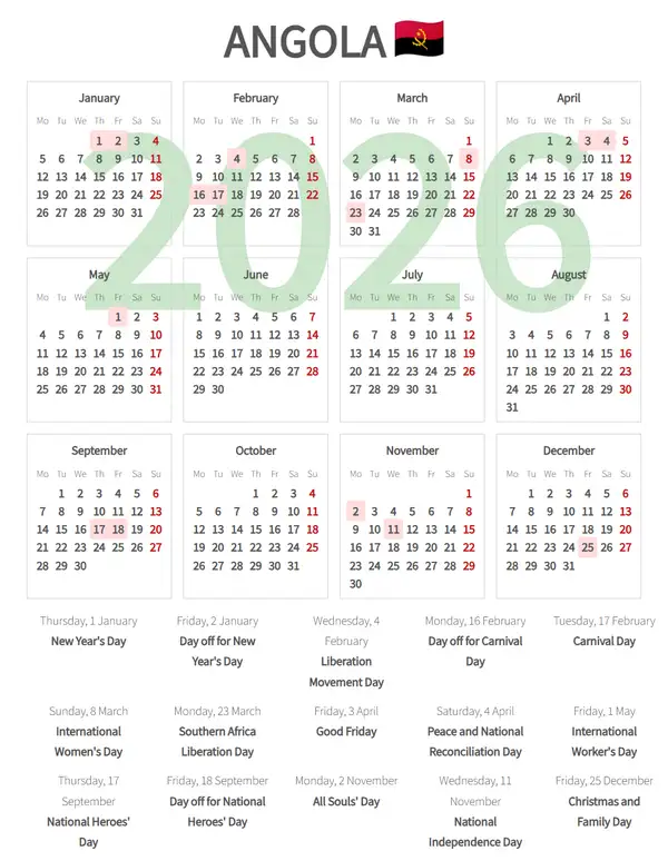 Work Calendar 2026, Angola - Public Holidays