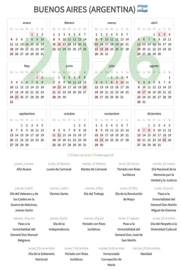 Calendario Laboral 2026, Buenos aires (Argentina)