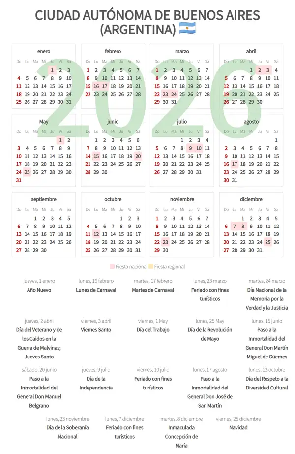 Calendario Laboral 2026, Ciudad autónoma de buenos aires (Argentina)
