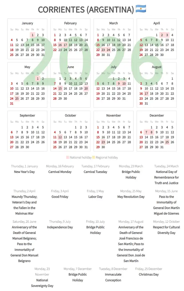 Work Calendar 2026, Corrientes (Argentina)