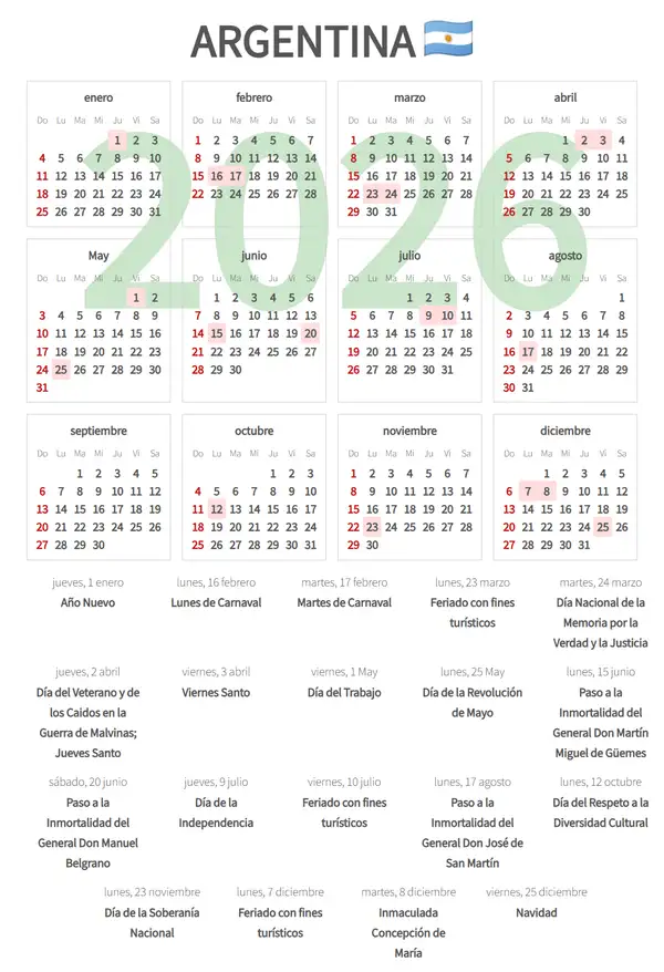 Calendario Laboral 2026 de Argentina