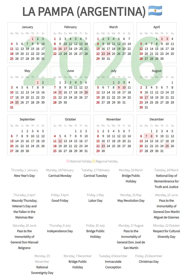Work Calendar 2026, La pampa (Argentina)