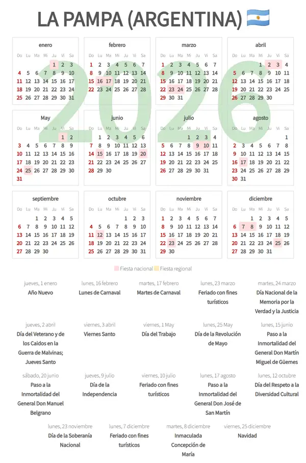 Calendario Laboral 2026, La pampa (Argentina)