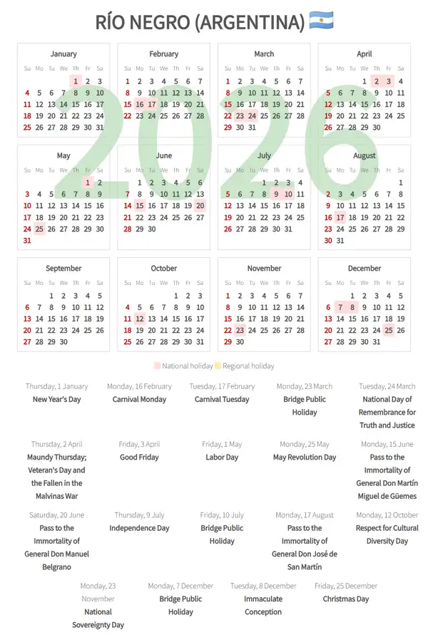 Work Calendar 2026, Río negro (Argentina)