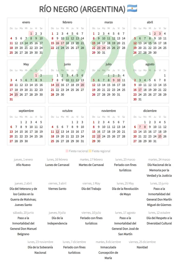 Calendario Laboral 2026, Río negro (Argentina)