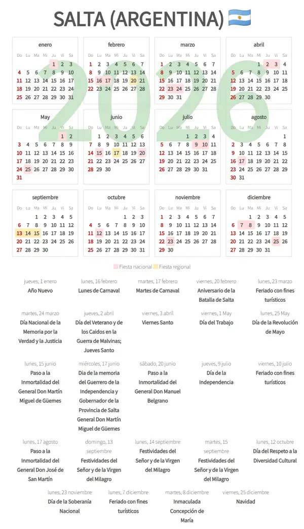 Calendario Laboral 2026, Salta (Argentina)