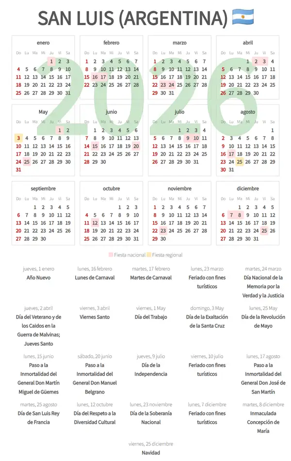 Calendario Laboral 2026, San luis (Argentina)
