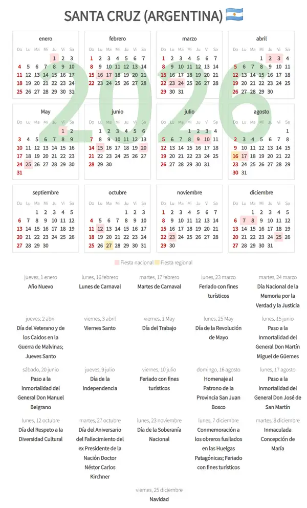 Calendario Laboral 2026, Santa cruz (Argentina)