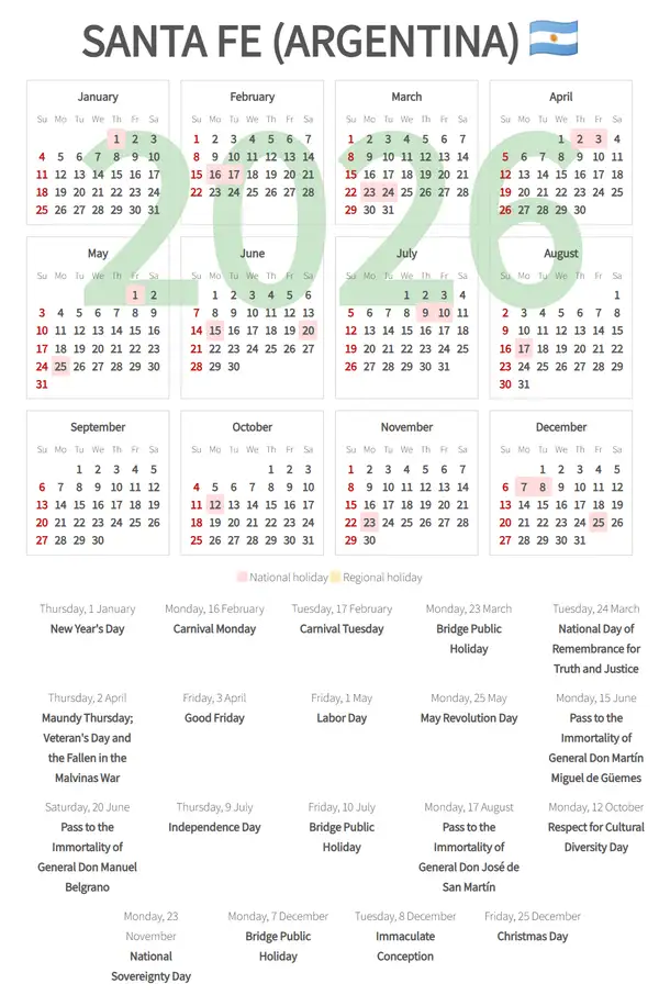 Work Calendar 2026, Santa fe (Argentina)
