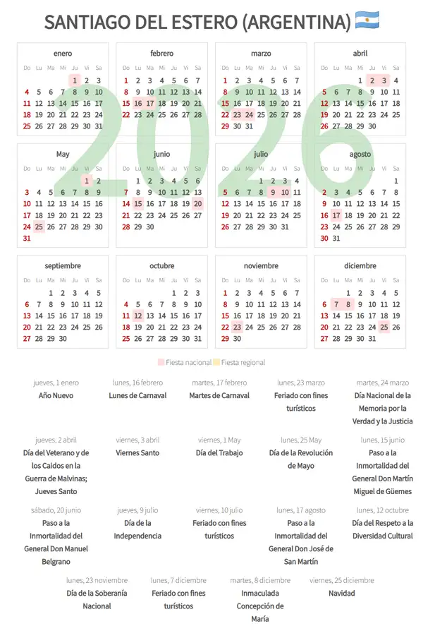 Calendario Laboral 2026, Santiago del estero (Argentina)