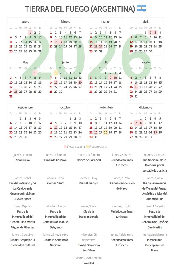 Calendario Laboral 2026, Tierra del fuego (Argentina)