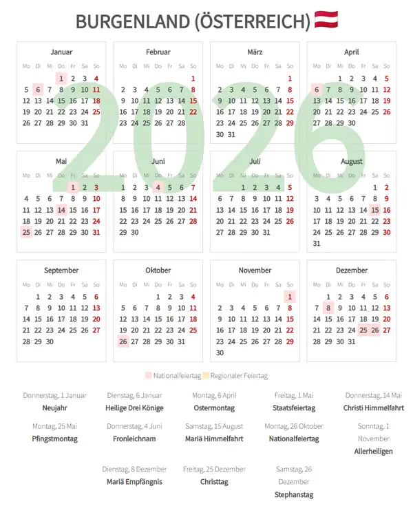 Arbeitskalender 2026, Burgenland (Österreich)