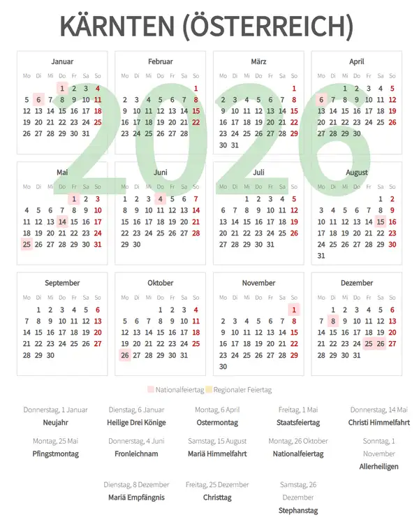 Arbeitskalender 2026, Kärnten (Österreich)