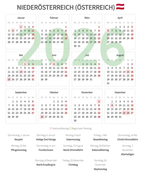 Arbeitskalender 2026, Niederösterreich (Österreich)
