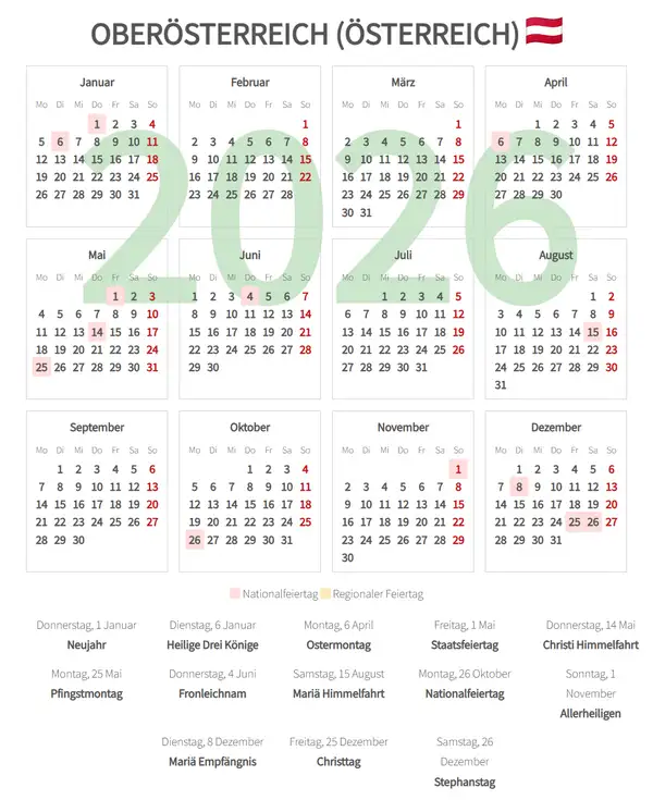 Arbeitskalender 2026, Oberösterreich (Österreich)