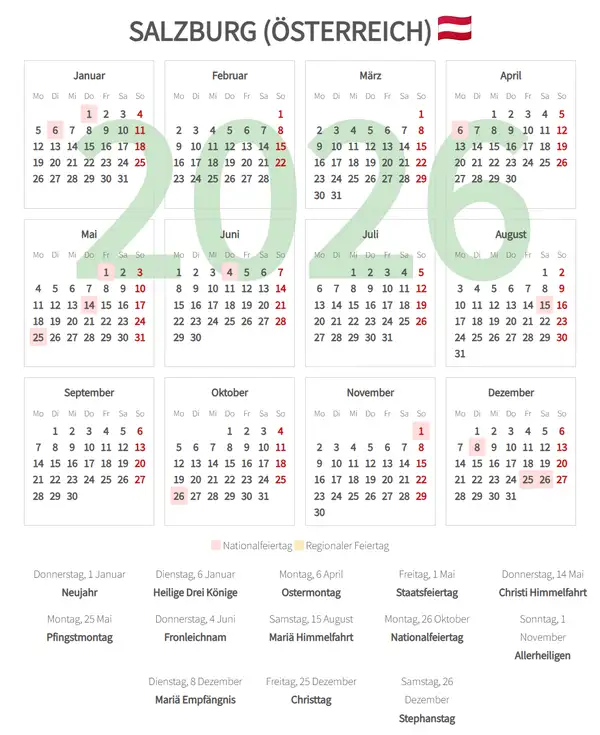 Arbeitskalender 2026, Salzburg (Österreich)