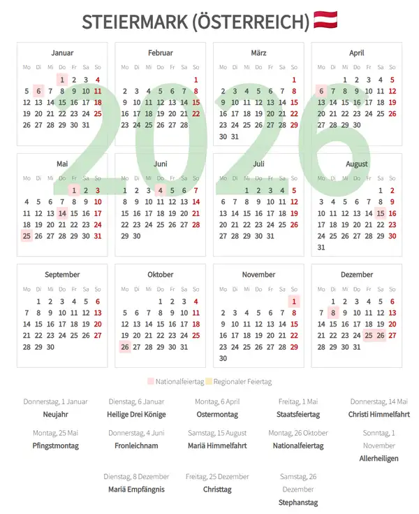 Arbeitskalender 2026, Steiermark (Österreich)