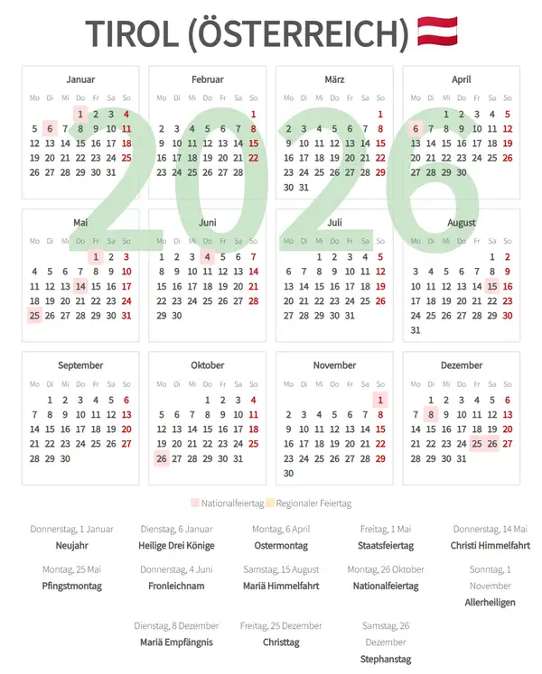 Arbeitskalender 2026, Tirol (Österreich)