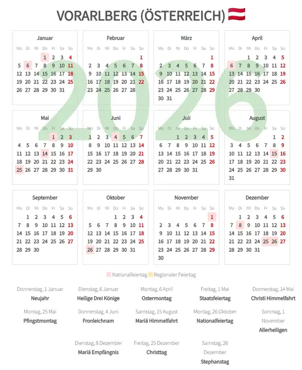 Arbeitskalender 2026, Vorarlberg (Österreich)