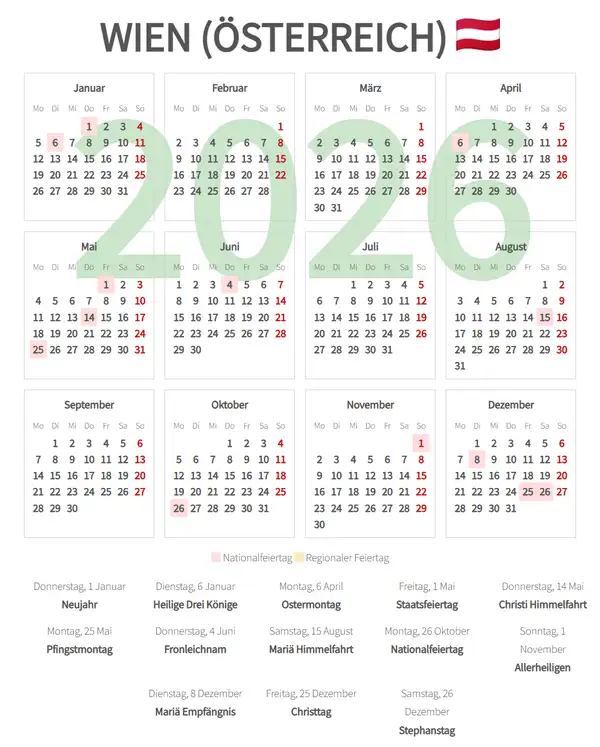 Arbeitskalender 2026, Wien (Österreich)