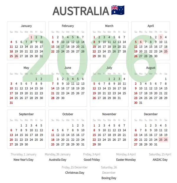 Work Calendar 2026, Australia - Public Holidays