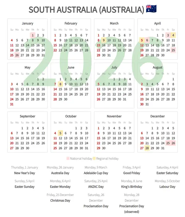 Work Calendar 2026, South australia (Australia)