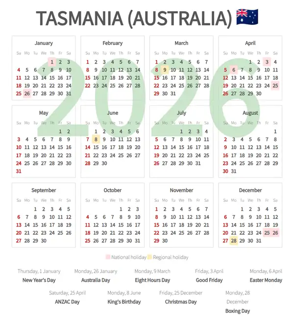 Work Calendar 2026, Tasmania (Australia)