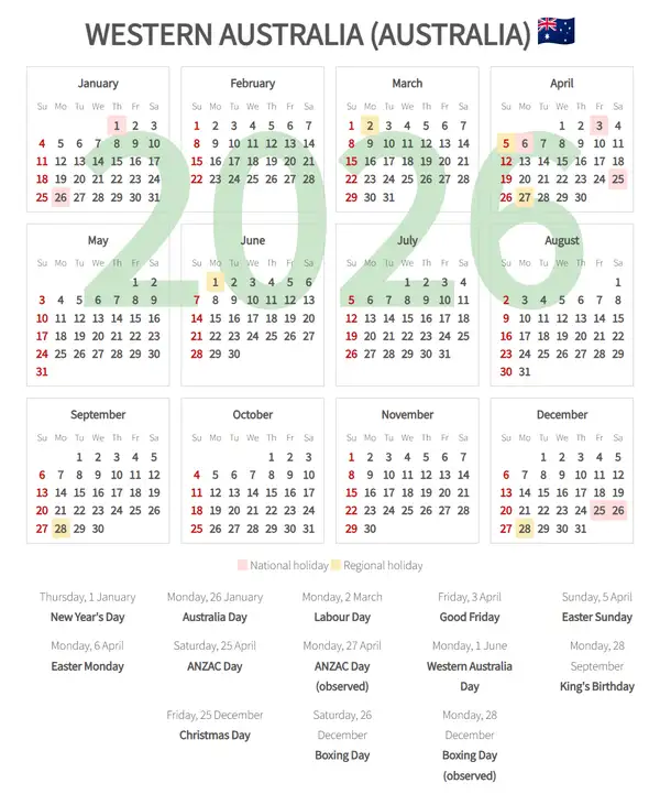 Work Calendar 2026, Western australia (Australia)