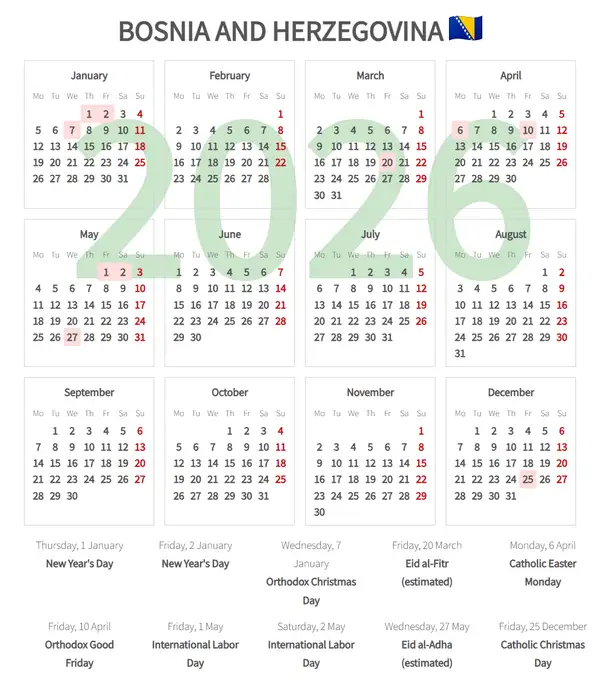 Work Calendar 2026, Bosnia and herzegovina - Public Holidays